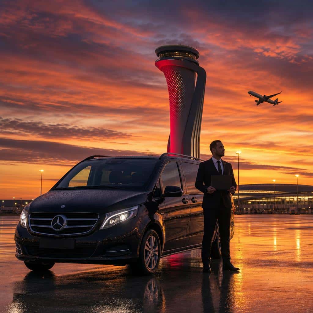 İstanbul Havalimanı terminalinde bekleyen siyah Mercedes VIP transfer aracı ve profesyonel şoför