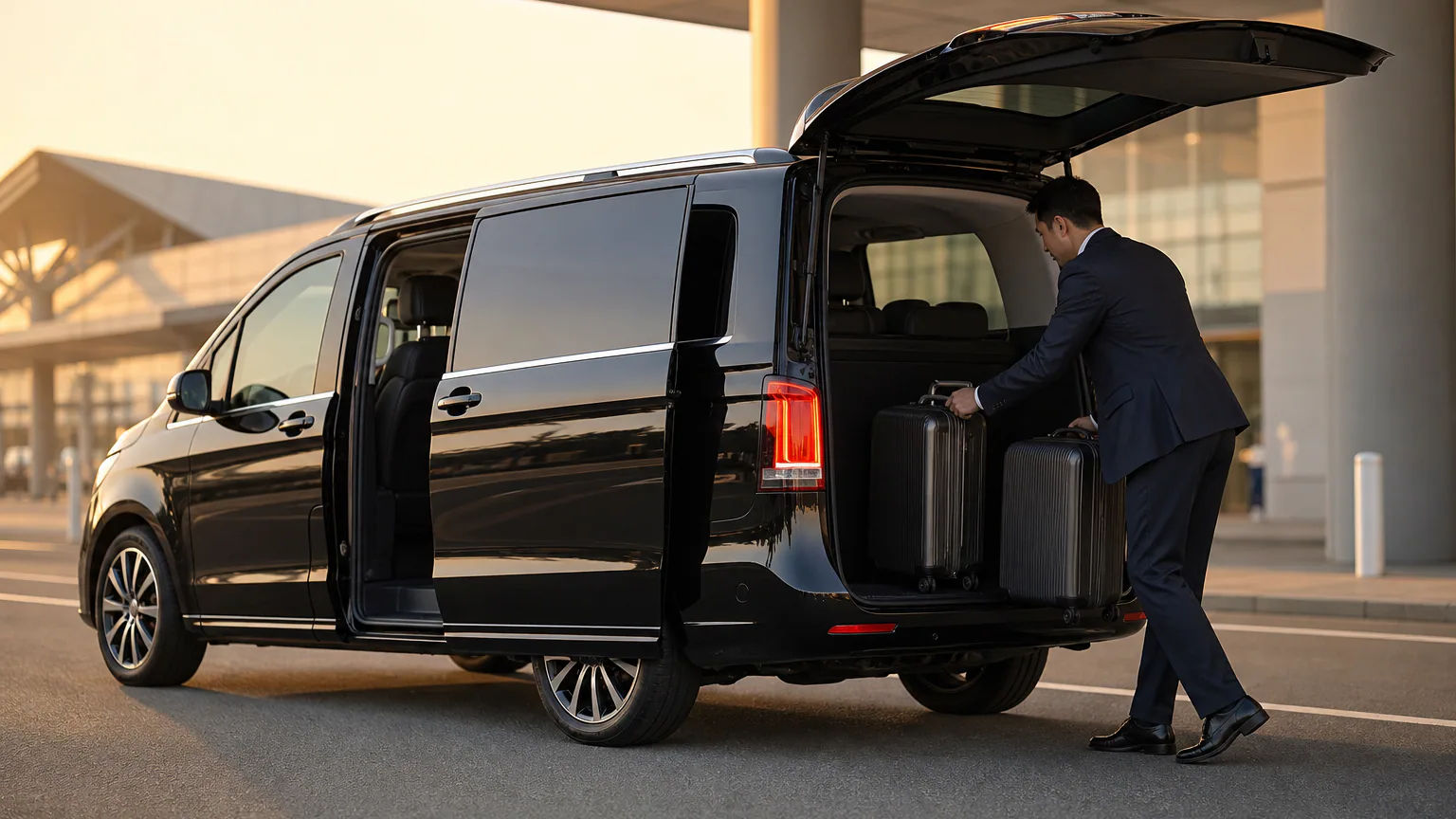 Large suitcases being loaded into an airport transfer vehicle and its luggage capacity