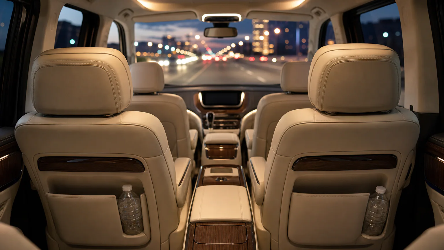 VIP transfer vehicle interior with leather seats and passenger comfort features