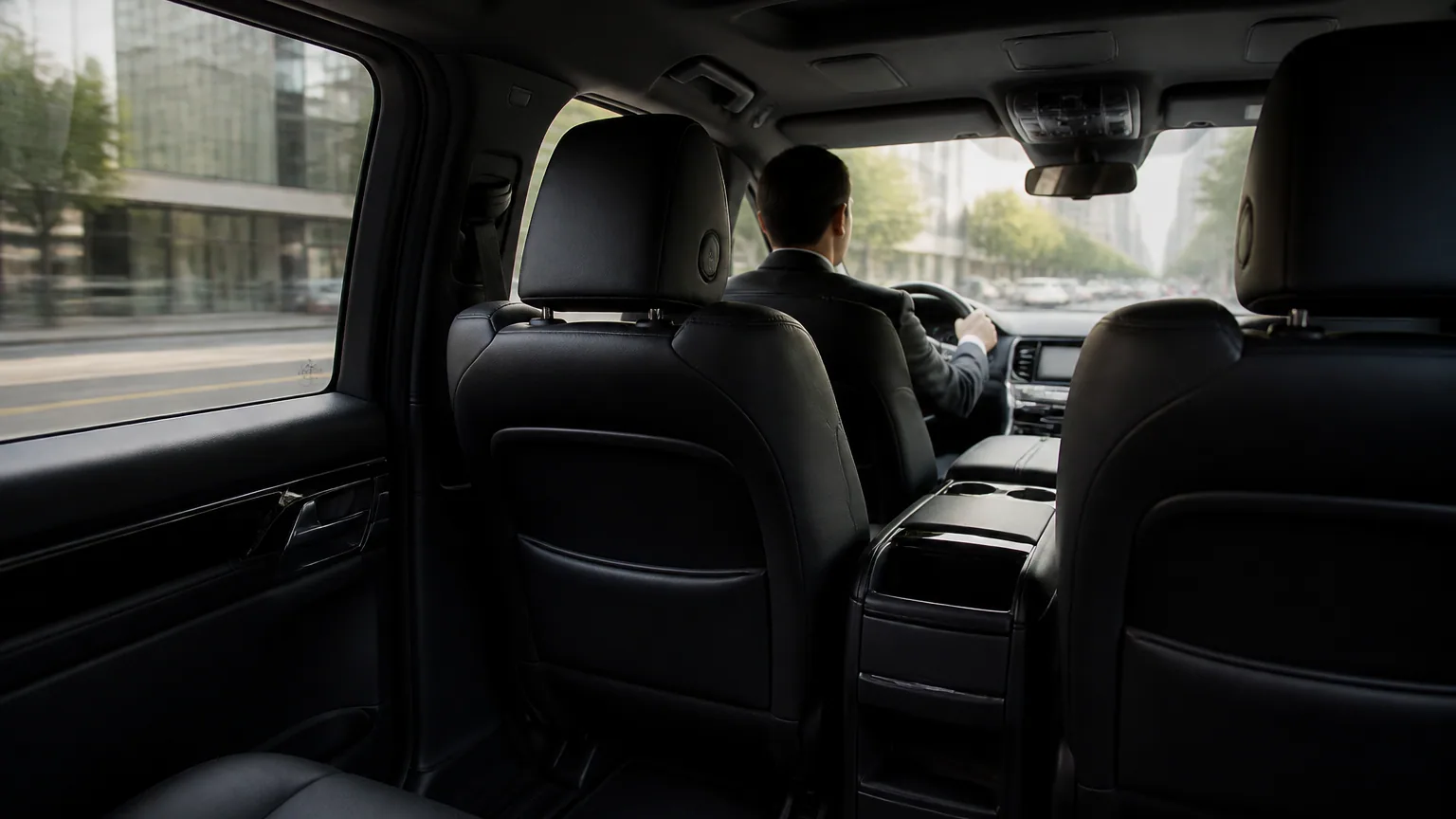 Şoförlü kiralanan premium minivanın arka yolcu kabini ve direksiyondaki şoför