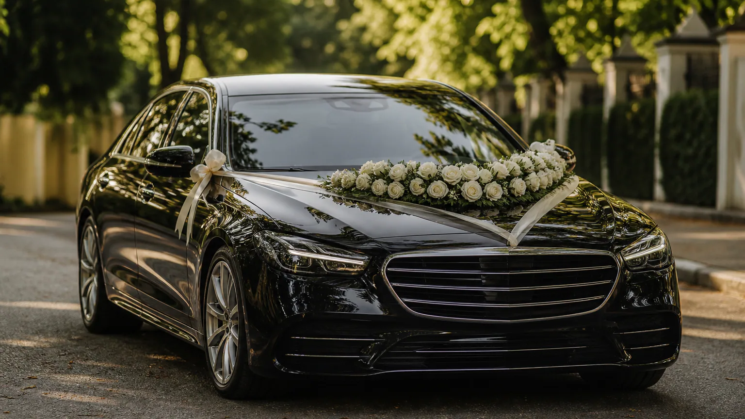 Beyaz gül süslemeli, gelin arabası olarak hazırlanmış siyah premium sedan