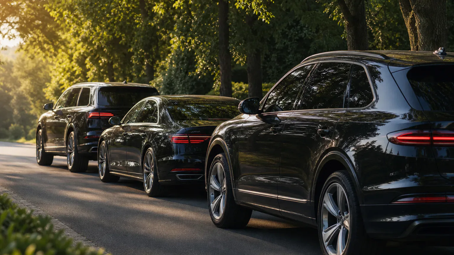 Convoi de véhicules VIP avançant en file le jour du mariage