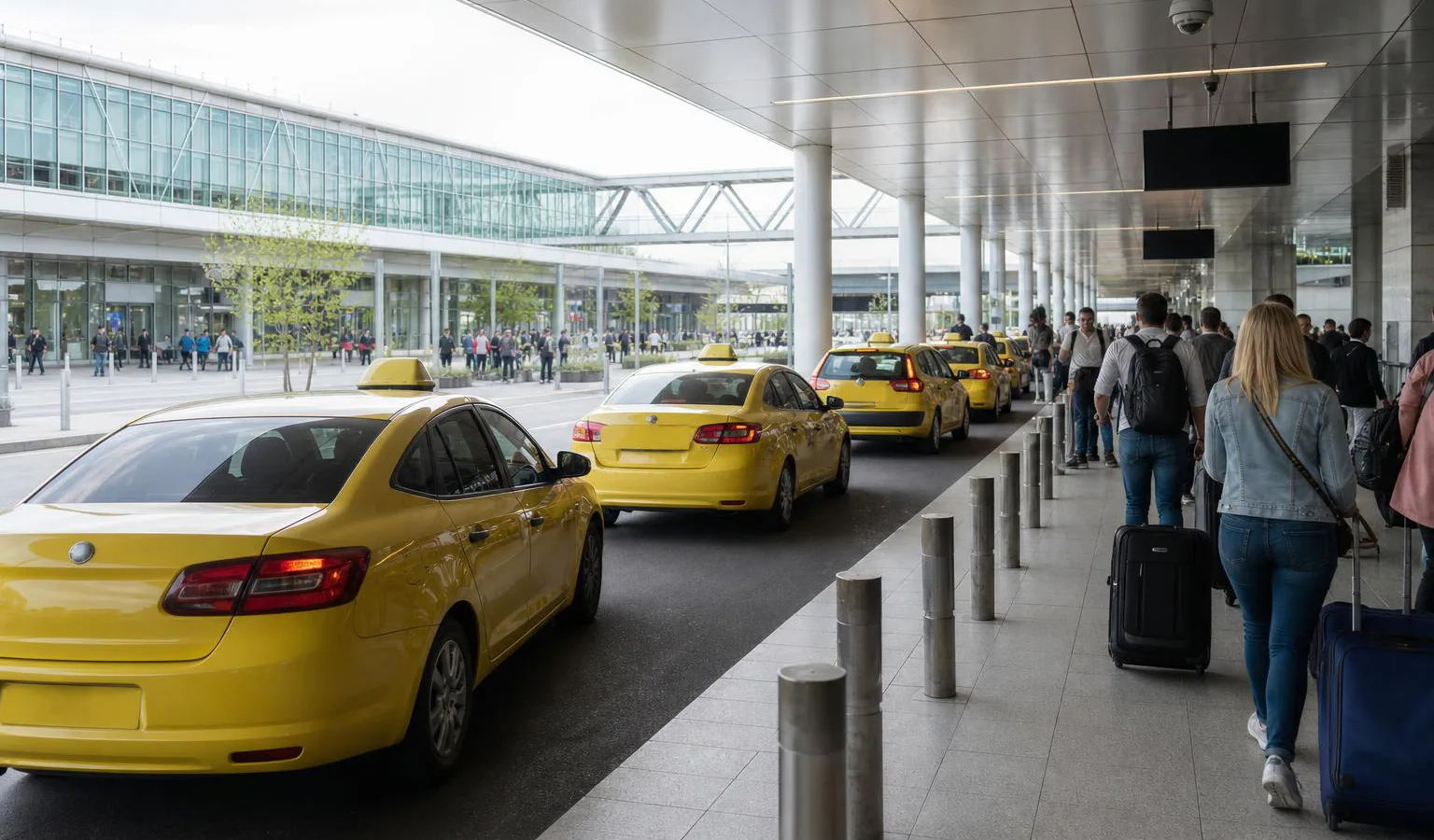 Passengers waiting at the airport taxi stand