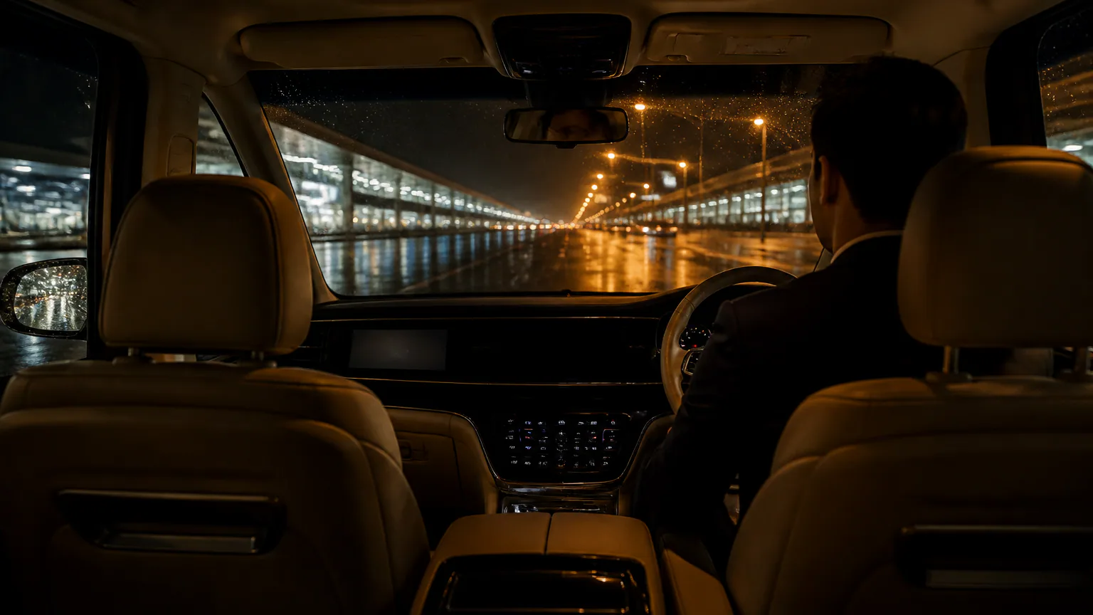 Blick vom Beifahrersitz eines Transferfahrzeugs, das nachts den Flughafen verlässt